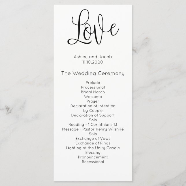 Programa de bodas moderno. Amor. Ceremonia simple (Anverso)