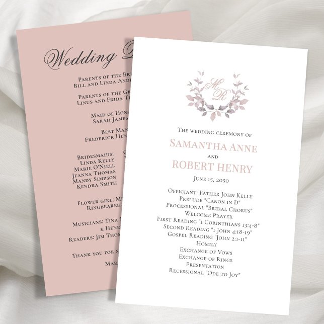 Programa de bodas monográficas de Personalizado ro (Blush pink wedding ceremony program.)