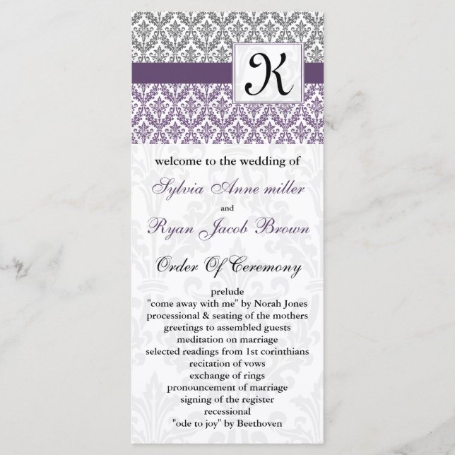 programa de bodas monograma con damasco morado (Anverso)