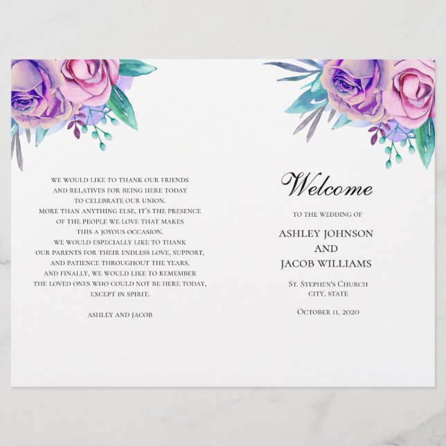 Programa de bodas moradas doblado. Flores de lino (Anverso)