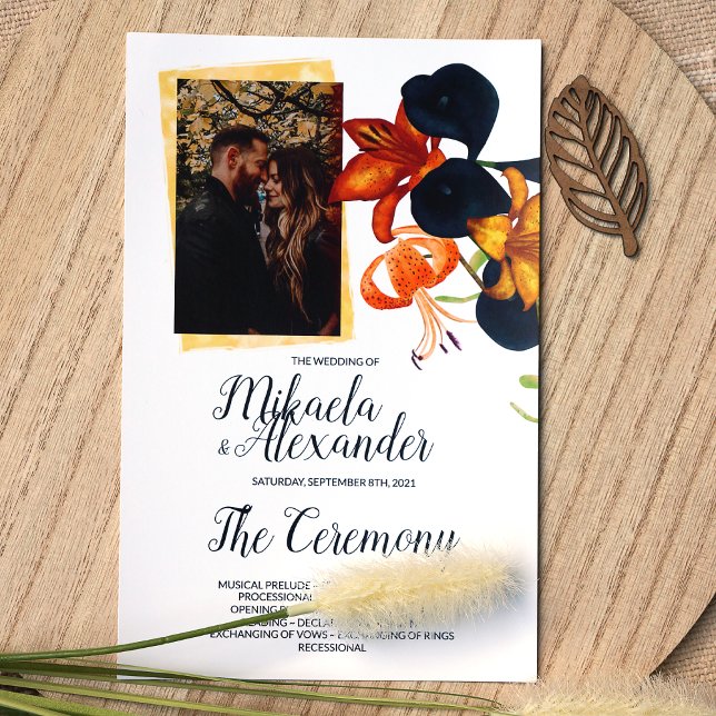 Programa de Bodas Naranja, Oro, Calla Azul (Orange Blue Fall Flowers Wedding Invitations, Botanical Tiger Lily Wedding Announcements)