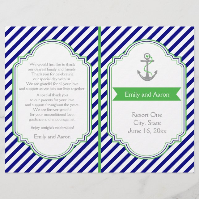 Programa de bodas náuticas azul marino, verde (Anverso)