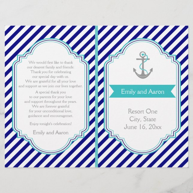 Programa de bodas náuticas de azul marino y agua (Anverso)