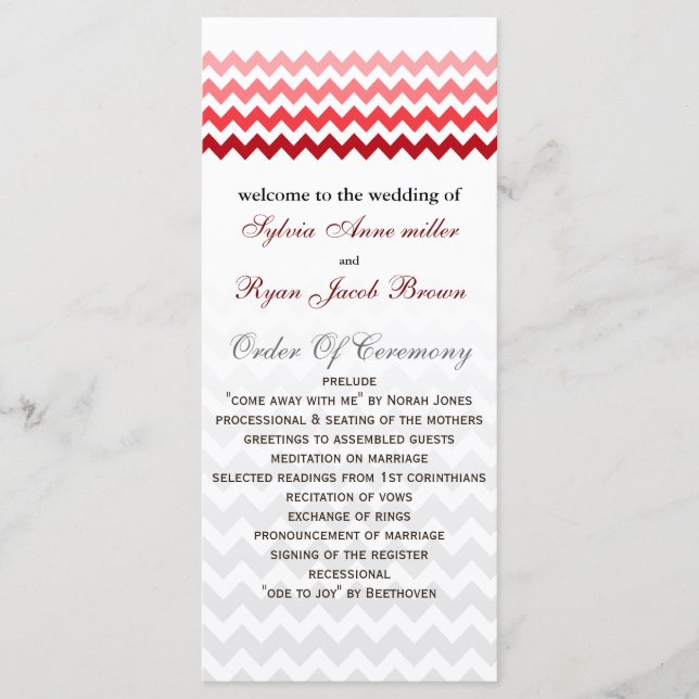Programa de bodas Ombre rojo Mod chevron (Anverso)