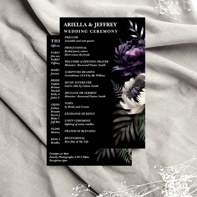 Programa de bodas oscuro y elegante (Dark moody boho elegant wedding program purple peonies black background order of evens program)