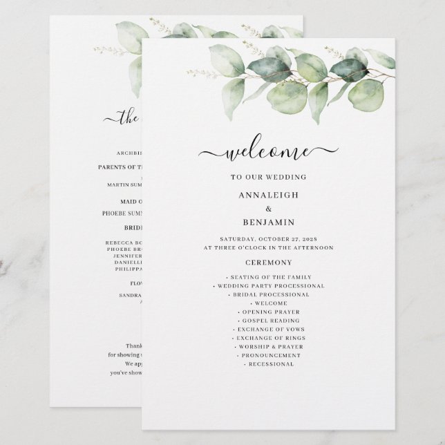 Programa de bodas para el follaje Eucalyptus Green (Anverso / Reverso)