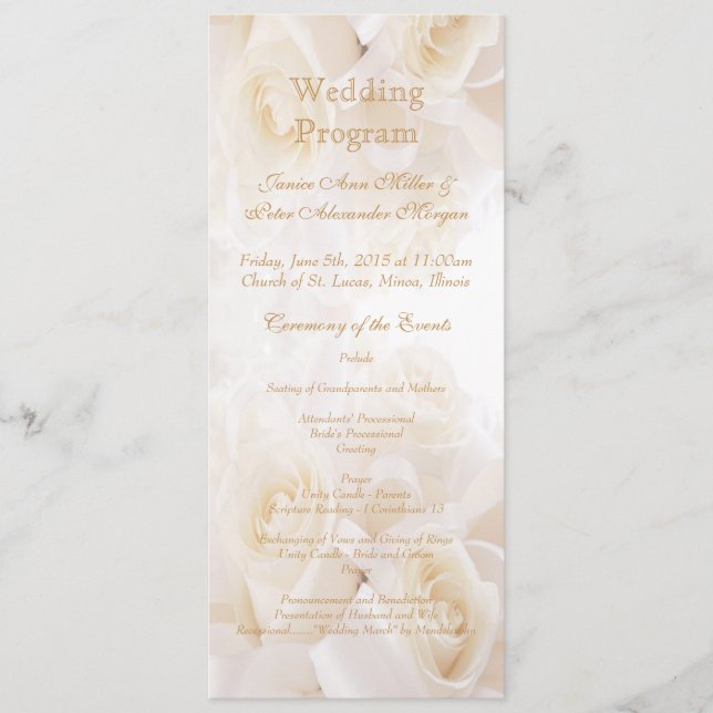 Programa de bodas para rosas de crema blanca (Anverso)