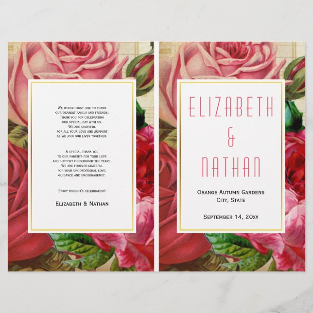 programa de bodas plegadas de rosas rosadas de bon (Anverso)