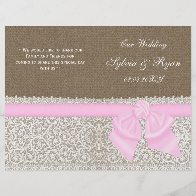 programa de bodas plegadas rosadas de encaje blanc (Anverso)