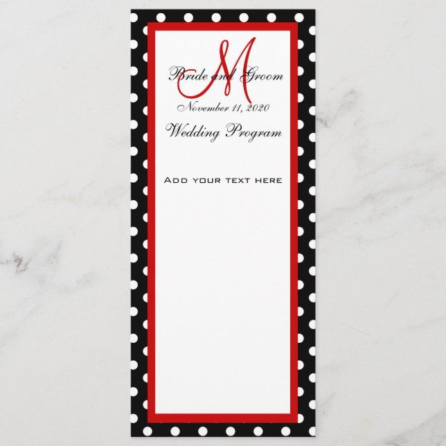 Programa de bodas puntos de Polka blanco negro (Anverso)