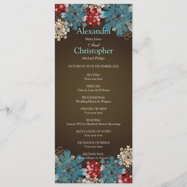 Programa de Bodas Retro de Flores Azules Rojas y C (Anverso)