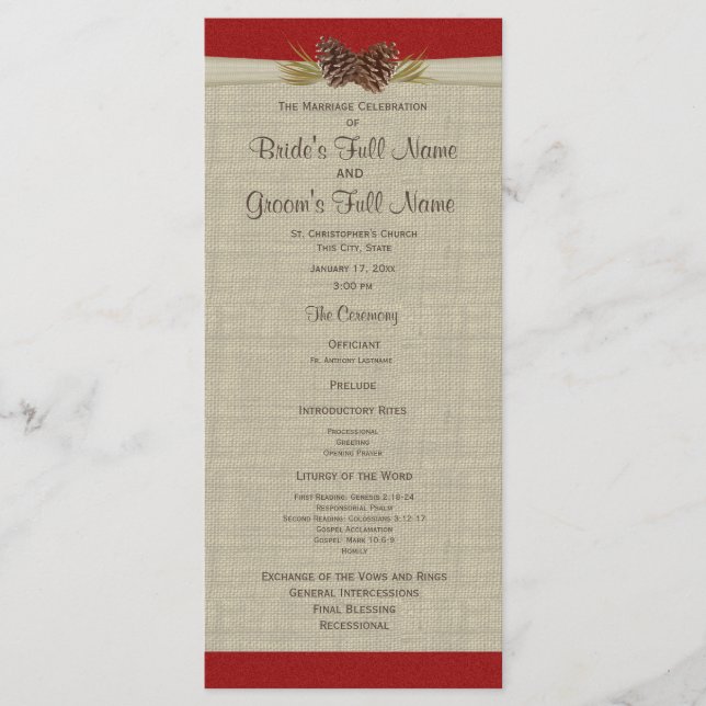 Programa de Bodas Rojas de Pino y Burlap (Anverso)
