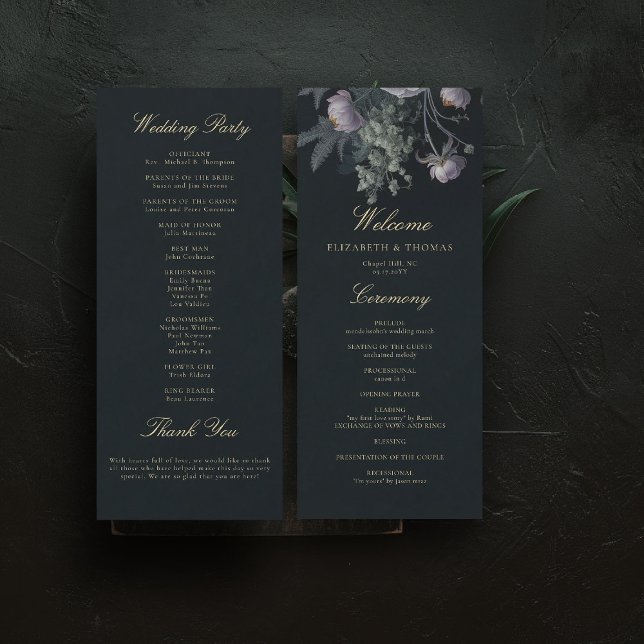 Programa de Bodas Románticas Oscuras de Moody Flor (dark moody wedding ceremony program purple dusty peony floral painting romantic gothic winter)