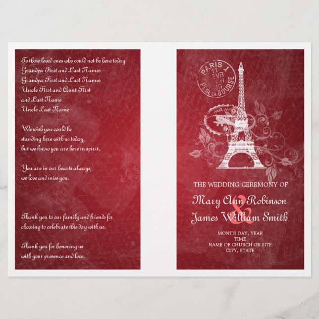Programa de bodas Romántico París Rojo (Anverso)