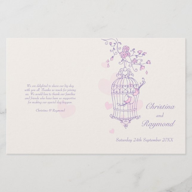 Programa de bodas rosa morado de aves amorosas (Anverso)
