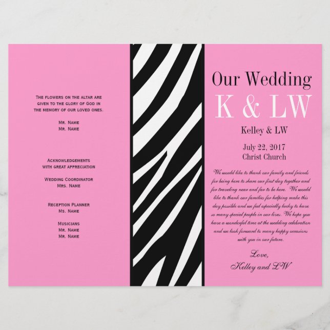 Programa de bodas rosadas Patrón de rayas de cebra (Anverso)
