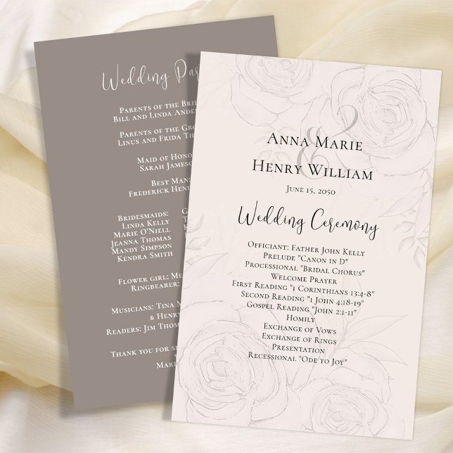 Programa de bodas Rubor Elegant Floral (Elegant calligraphy script Wedding double-sided program. )