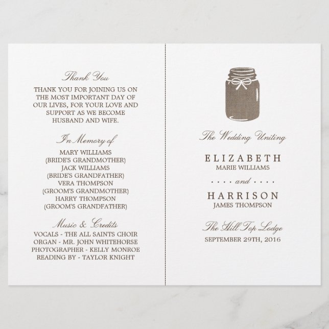 Programa de Bodas Rustic Burlap Mason Jar (Anverso)