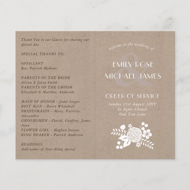 Programa de Bodas Rústicas Orden de Servicio Kraft (Anverso)