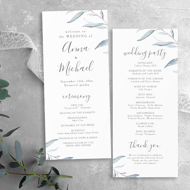 Programa de bodas rústico con un mínimo de vegetac (Dusty blue minimal greenery rustic wedding program)