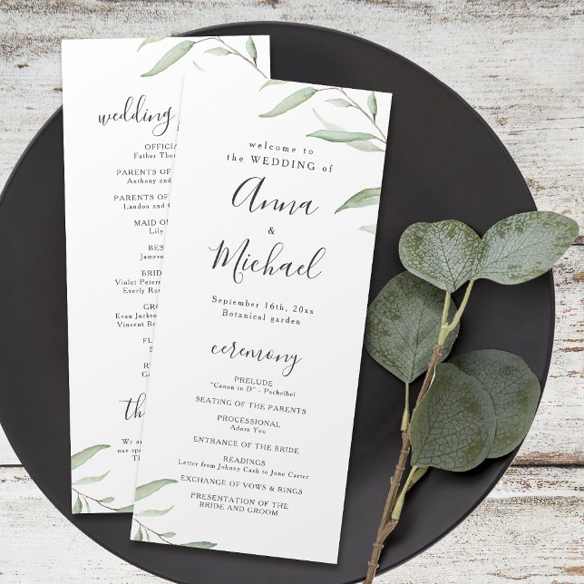 Programa de bodas rústico mínimo de vegetación (Minimal greenery rustic wedding program)