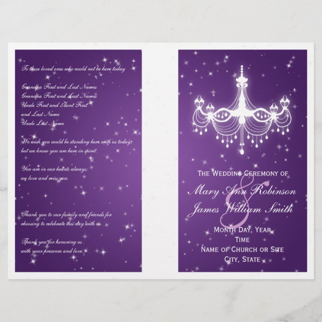 Programa de bodas Sparkling Chandelier Purple (Anverso)