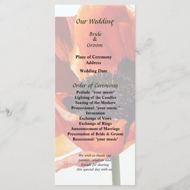 Programa de Bodas Sunshine con Adormidera Roja (Anverso)