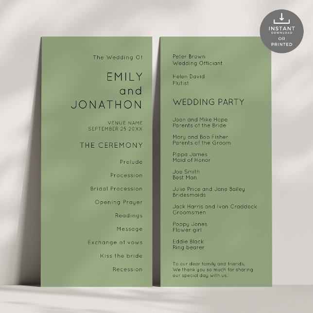 Programa de bodas verdes de sabios de texto simple (Front and back view)