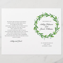 Programa de bodas verdes doblado. Acuarela botánic