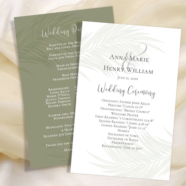 Programa de bodas verdes Elegantes hojas de palmer (Elegant Wedding Program template with tropical green palm leaves. )