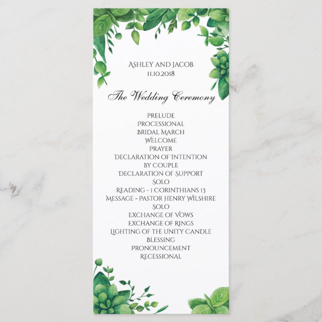 Programa de bodas verdes. Tarjeta de ceremonia del (Anverso)