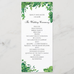 Programa de bodas verdes. Tarjeta de ceremonia del