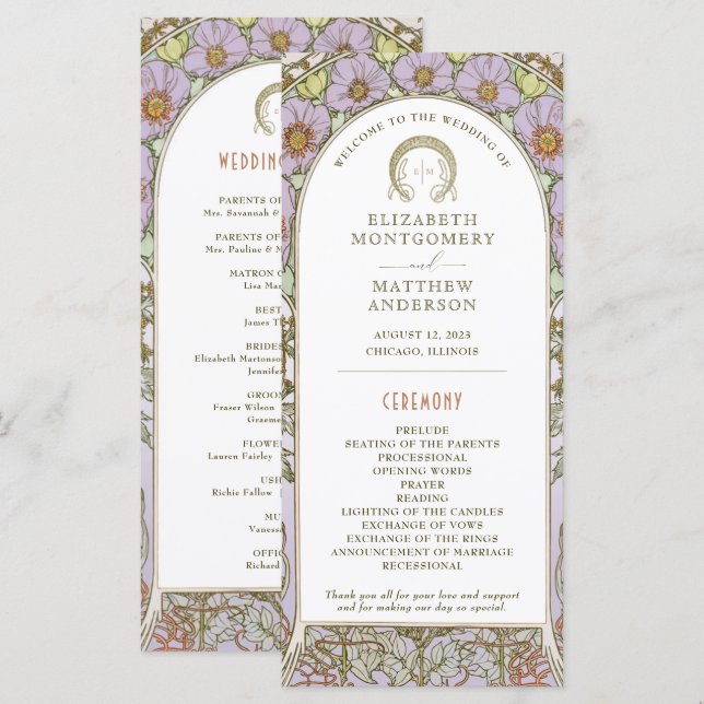 Programa de Bodas Vintage Art Nouveau de Mucha (Anverso / Reverso)