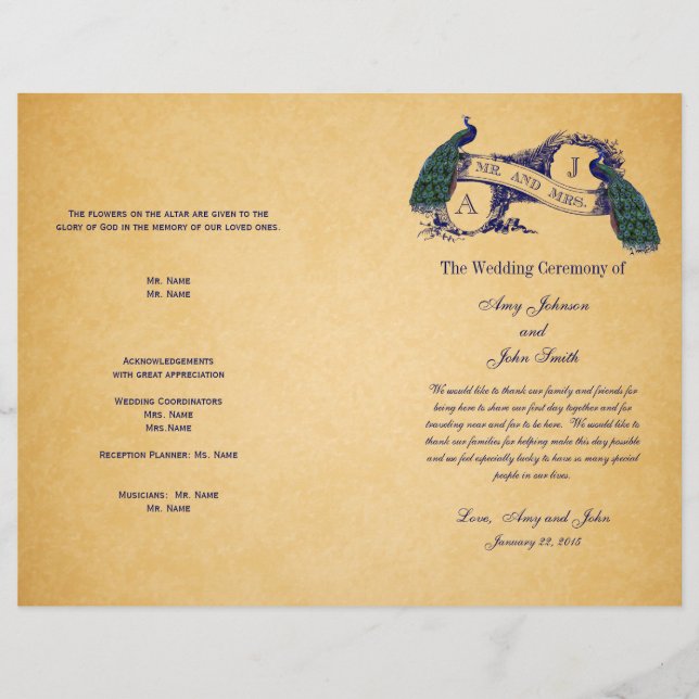 Programa de Bodas Vintage Blue Peacocks (Anverso)