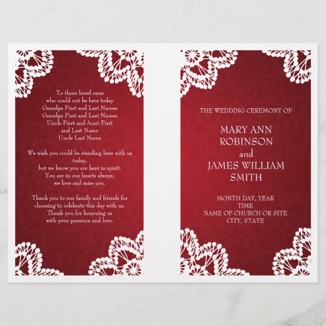 Programa de bodas Vintage Lace Red (Anverso)