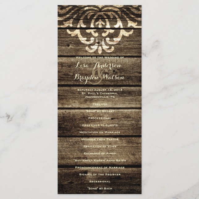 Programa de Bodas Vintage Rustic Barn Wood Damask (Anverso)