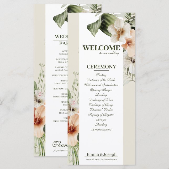 Programa de Boho Boho de Boda de los hibiscos Trop (Anverso / Reverso)