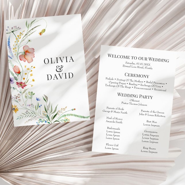 Programa de Boho Wildflower Meadow Wedding (Boho Wildflower Meadow Wedding Program on a sunny dry white palm leaf.)