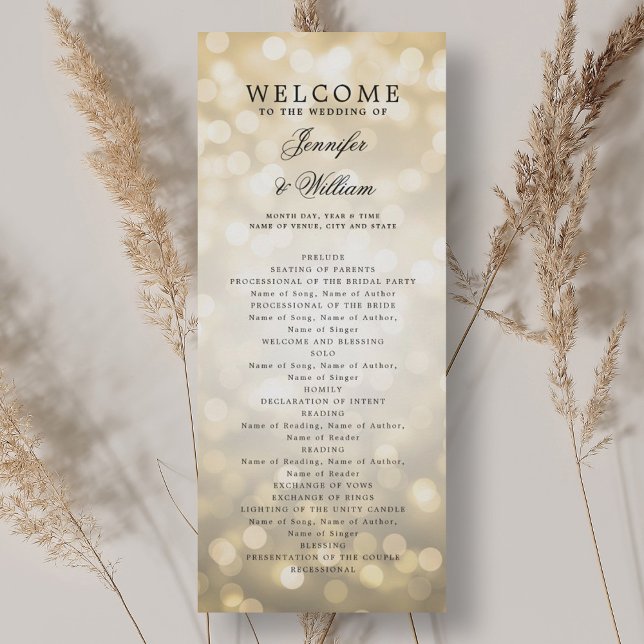 Programa de Boquilla de oro de guión clásico (Classic Script Wedding Program Gold Bokeh Lights)