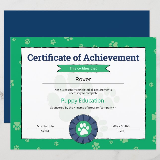 Programa de Cachorro Verde Mascota Obedicia Escuel (Anverso / Reverso)