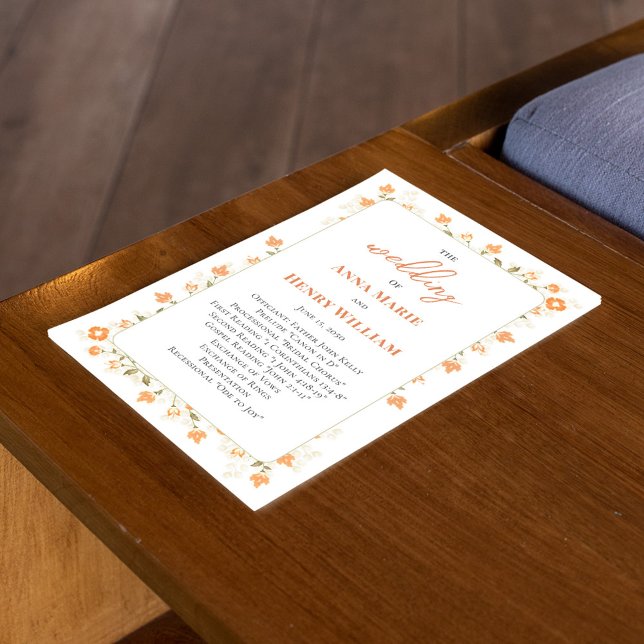 Programa de caligrafía de Boda floral de Peach (Welcome wedding program with elegant peach floral greenery and calligraphy script. )