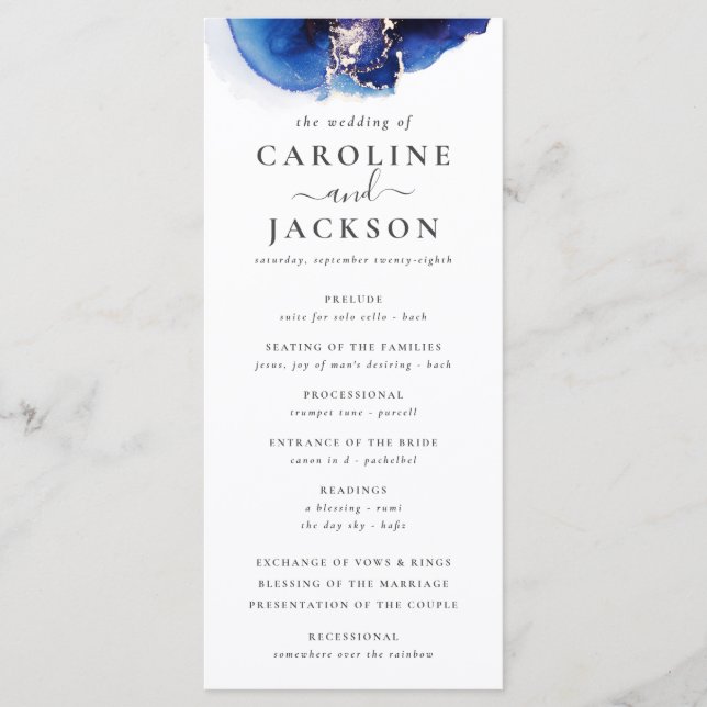 Programa de casamiento con acuarela de oro azul (Anverso)