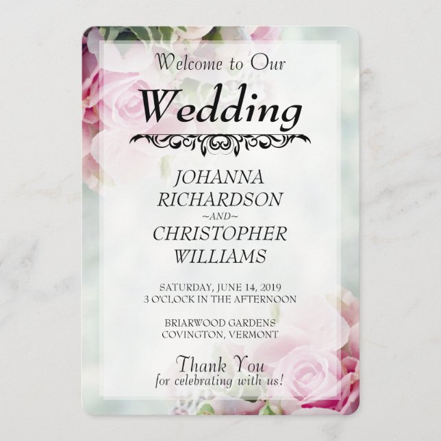 Programa de casamiento con rosas rosas rosadas (Anverso)