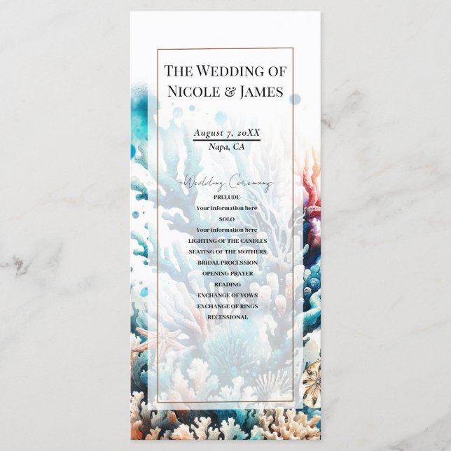 Programa de casamiento de acuarela de coral de mar (Anverso)