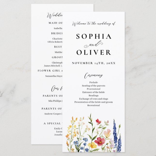 Programa de casamiento de acuarela de flores silve (Anverso / Reverso)