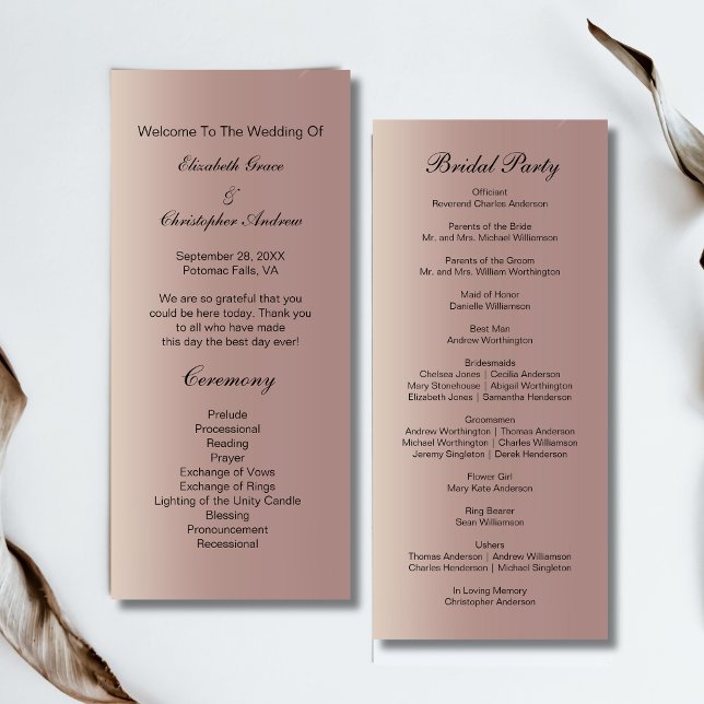 Programa de casamiento moderno de moda rosada Rosa (Rose Gold Pink Modern Trendy Wedding Program Cards)