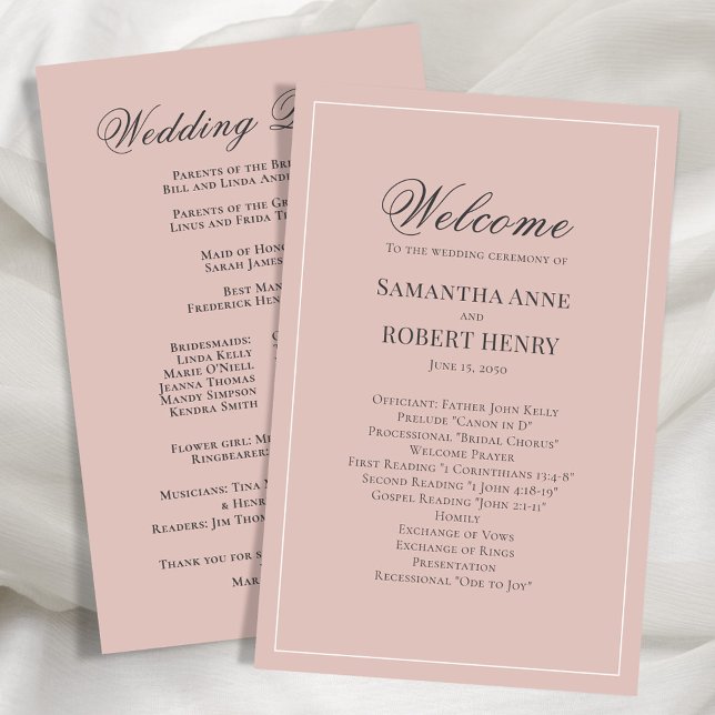 Programa de casamiento personalizado con guión ros (Blush pink wedding ceremony program.)