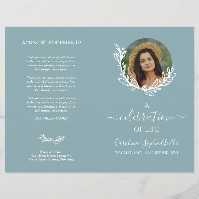 Programa de celebración de la vida de Dove Blue Wr (Anverso)