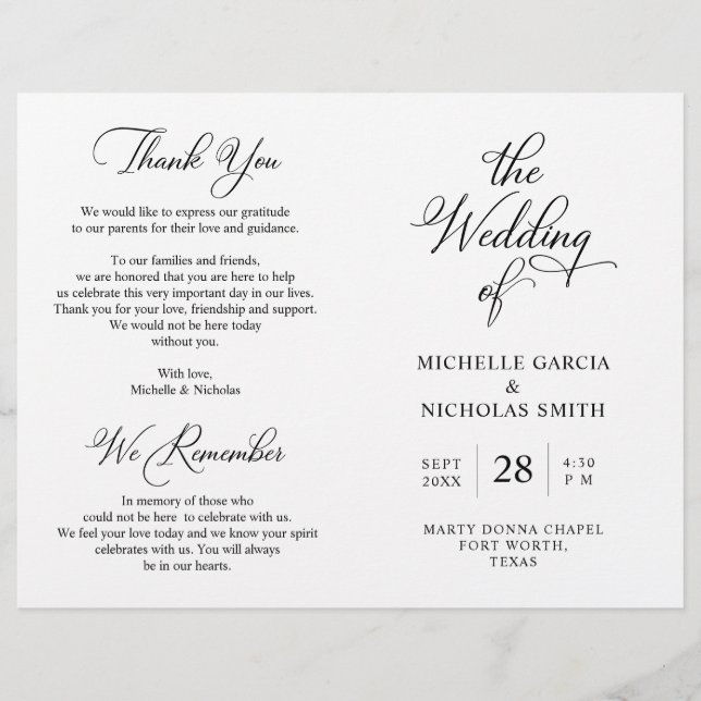 Programa de Ceremonia boda, blanco y negro de clas (Anverso)