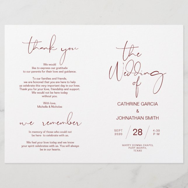 Programa de Ceremonia boda, Borgoña Minimalista (Anverso)